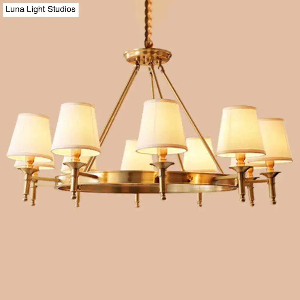 Gold fabric ceiling chandelier with brass frame and cream lampshades, Decorbites chandelier on Tampa Home & Garden Store