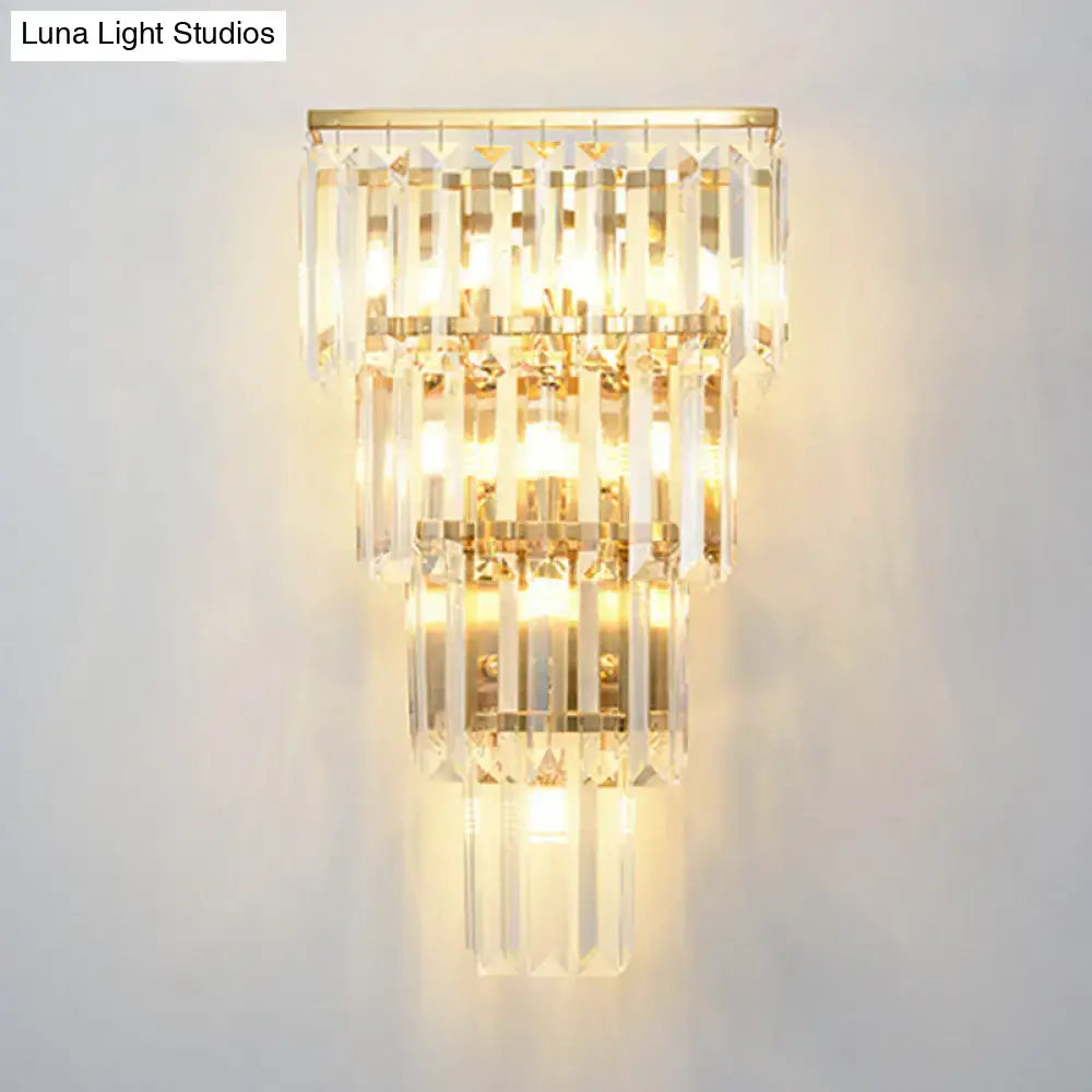 Gold Crystal Tiered Block Sconce with prisms, wall mounted on Tampa Home & Garden Store