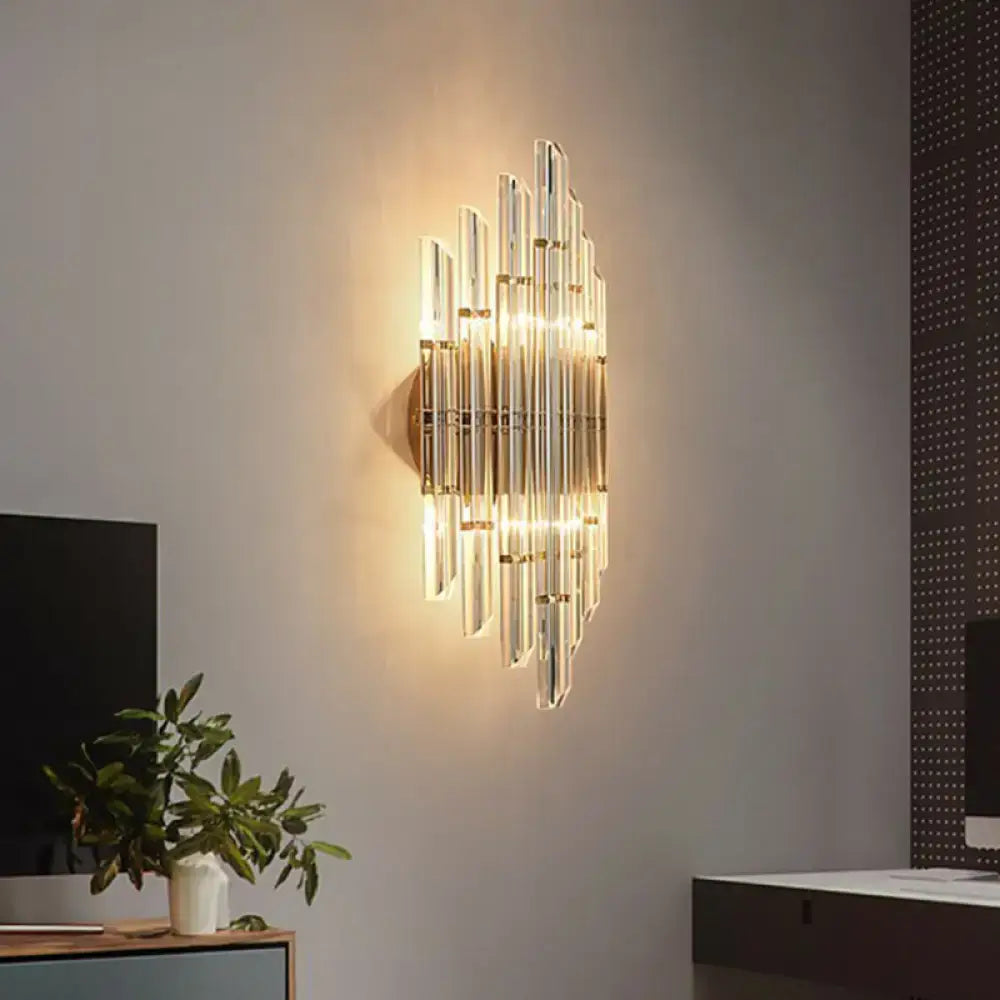Gold crystal rhombus wall sconce for living room with vertical glass prisms and warm light on Tampa Home & Garden Store