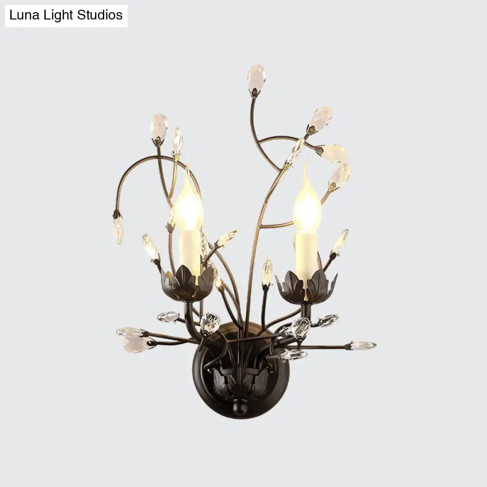 Black crystal wall sconce with dual candle bulbs and teardrop crystals Decorbites on Tampa Home & Garden Store