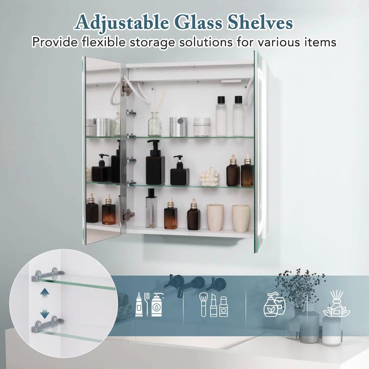2 Doors Bathroom Mirror Medicine Wall Cabinet with Lights - Tampa Home & Garden Store