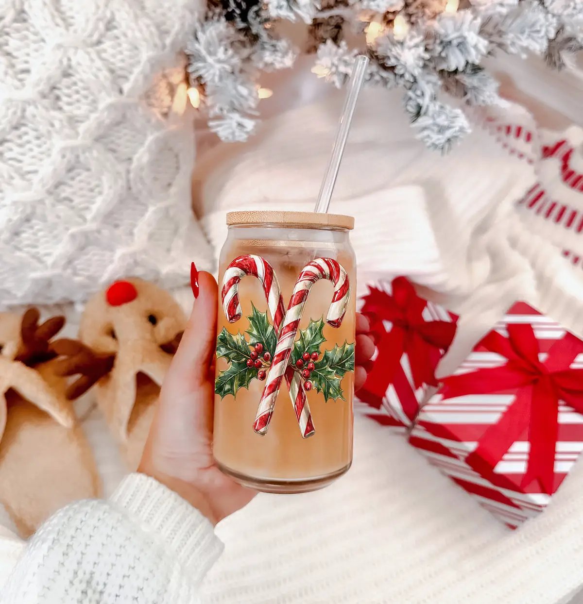 Gia Roma Candy Cane Holly Glass Tumbler 17oz with cork lid and straw, holly and candy cane decal on Tampa Home & Garden Store