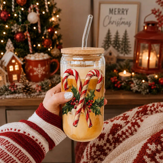 Candy Cane Holly glass tumbler 17oz with cork lid and curved straw on Tampa Home & Garden Store