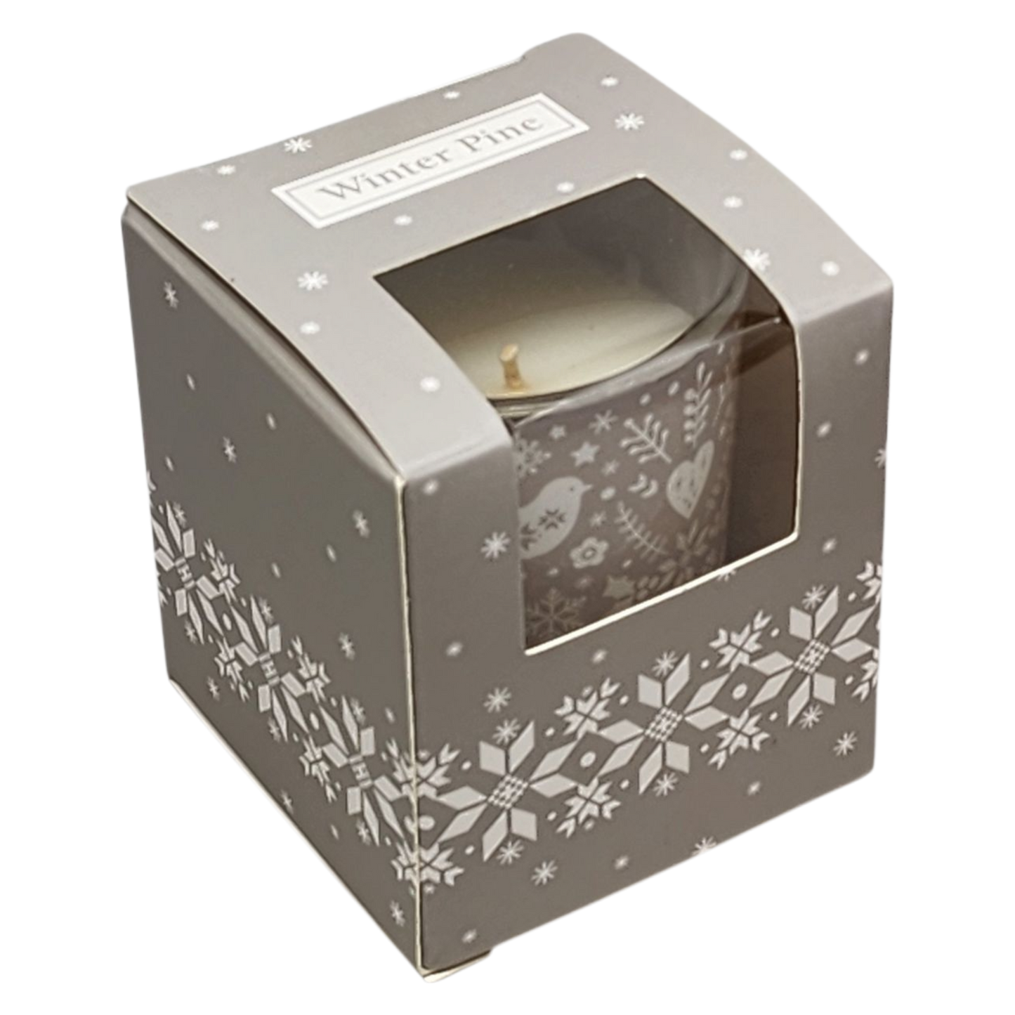 Winter Pine glass votive candle in a gray gift box with snowflake motif on Tampa Home & Garden Store
