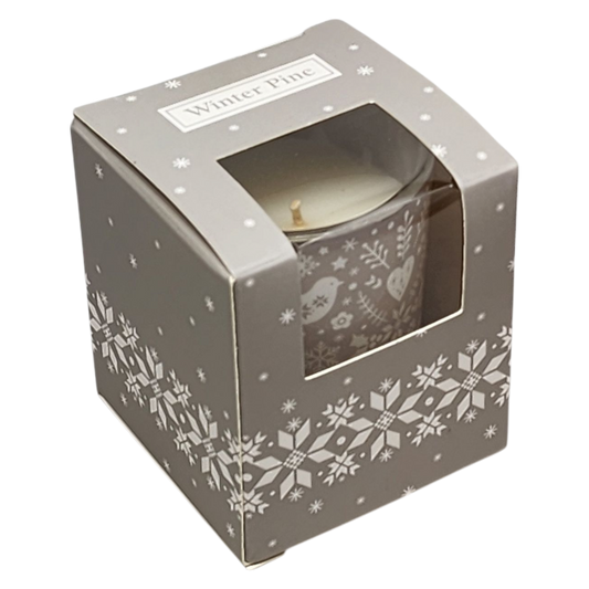 Winter Pine glass votive candle in a gray gift box with snowflake motif on Tampa Home & Garden Store