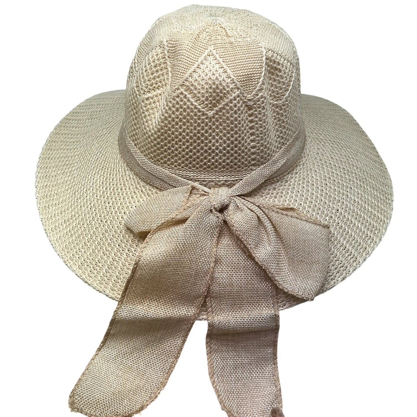 Burlap Ribbon Sun Hat with Crochet Chiffon, beige woven straw texture with burlap ribbon bow on Tampa Home & Garden Store