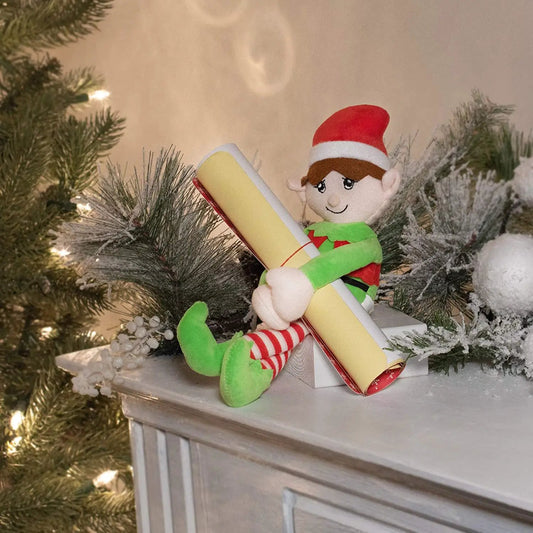 Christmas Elf with Nice Naughty Stickers plush holding parchment, red hat and green outfit on Tampa Home & Garden Store