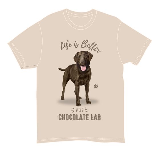 Life Is Better With a Chocolate Lab T-Shirt tan tee with chocolate lab graphic and paw print on Tampa Home & Garden Store