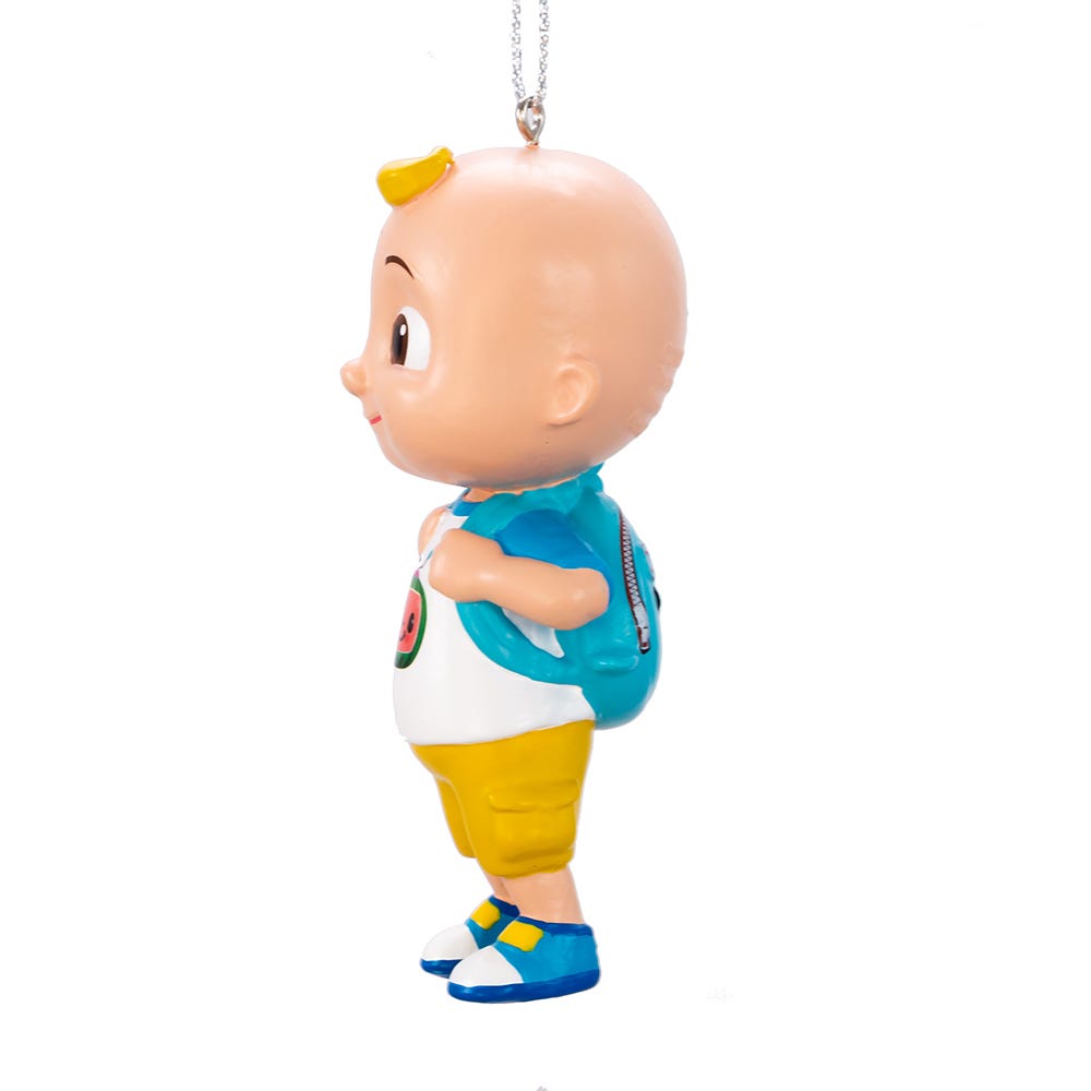 Cocomelon JJ ornament with white shirt, yellow shorts, blue backpack and shoes on Tampa Home & Garden Store