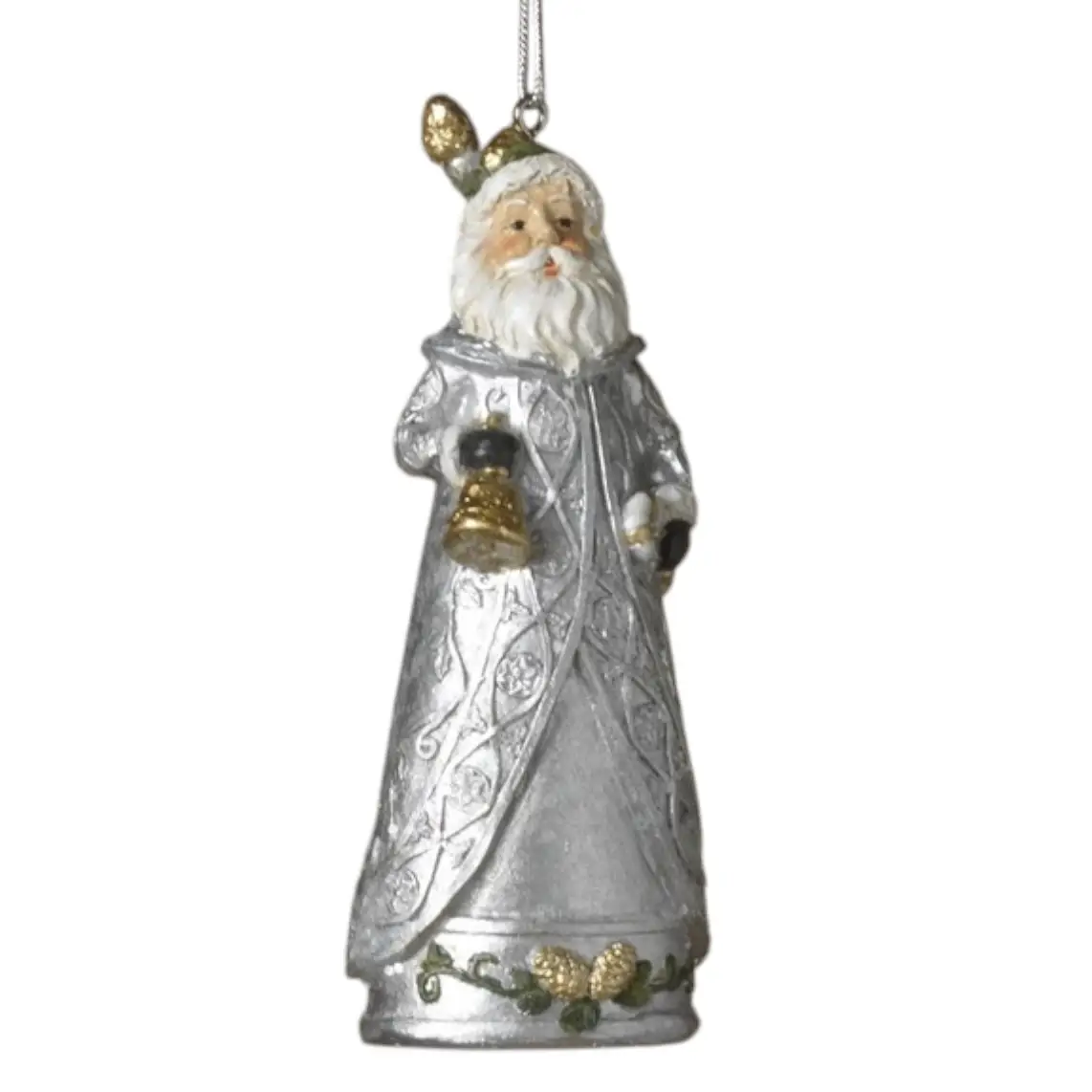 Silver Vintage Santa Bell Ornament with embossed robe and gold lantern by Country Christmas Loft on Tampa Home & Garden Store