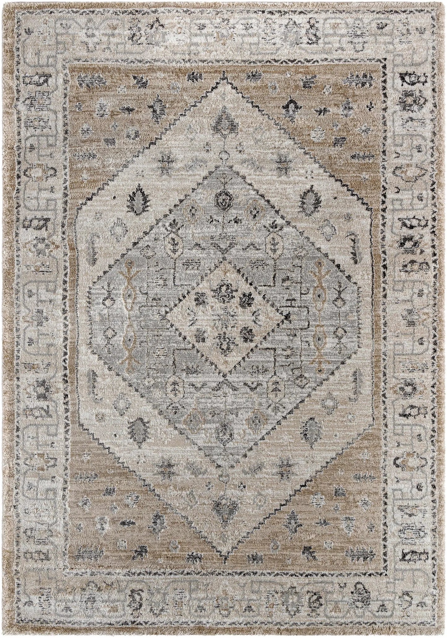 Minal Luxe Thick Area Rug in Medium Gray by Boutique Rugs with distressed diamond motif on Tampa Home & Garden Store