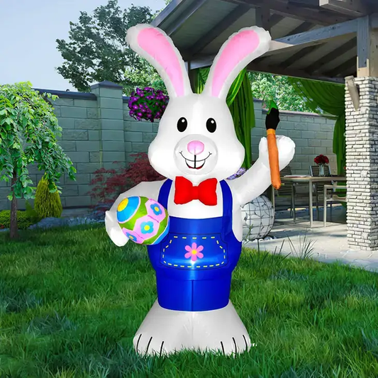 Easter Bunny Lighted Inflatable 5.9 ft tall with blue overalls holding carrot on Tampa Home & Garden Store