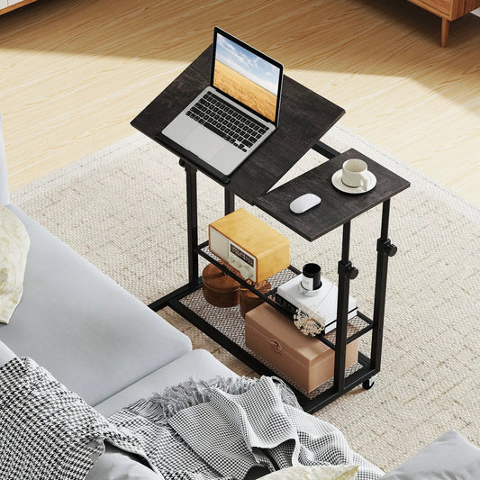 Mobile stand up desk with tilting dark wood top on a black wheeled frame, laptop on tilt on Tampa Home & Garden Store