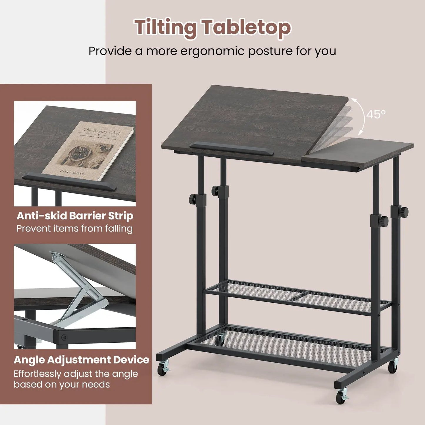 Mobile Stand up Desk Height Adjustable Standing Table with Tilting Tabletop-Oak - Tampa Home & Garden Store