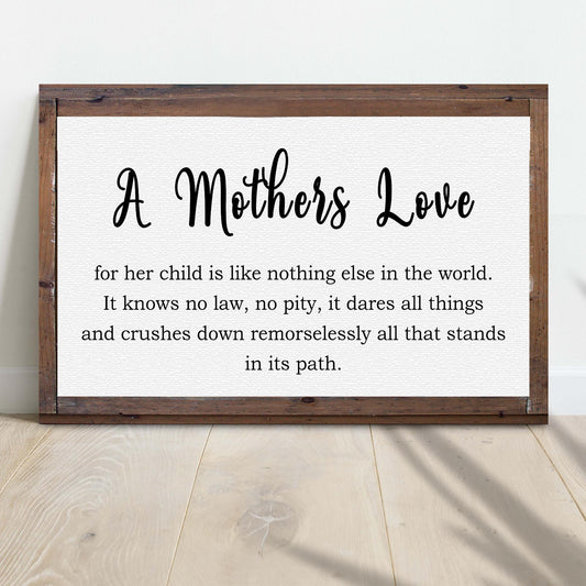 Canvas sign A Mother's Love in elegant script with a rustic wooden frame on Tampa Home & Garden Store