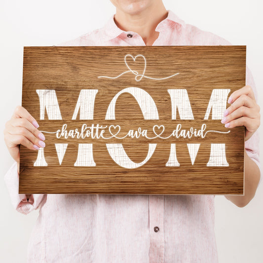 Mother's Day Wood Sign canvas by Tailored Canvases with white MOM letters on wood grain on Tampa Home & Garden Store