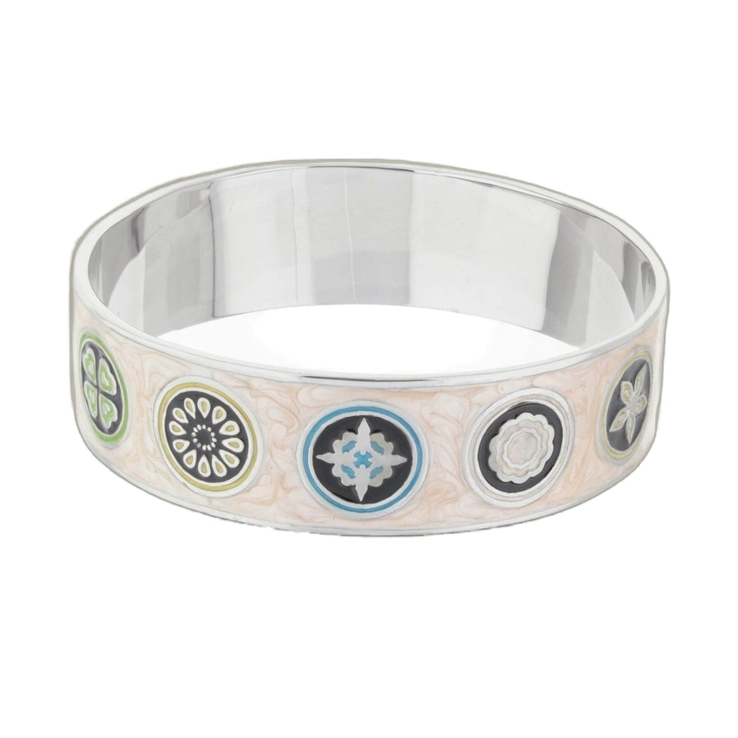 Modern Art Slip-On Bangle by Lauren G Adams with colorful circular medallions on silver cuff on Tampa Home & Garden Store