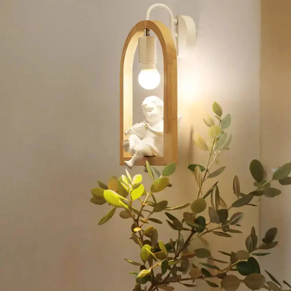 Beige Wooden Arched Wall Lamp with Bird Decor