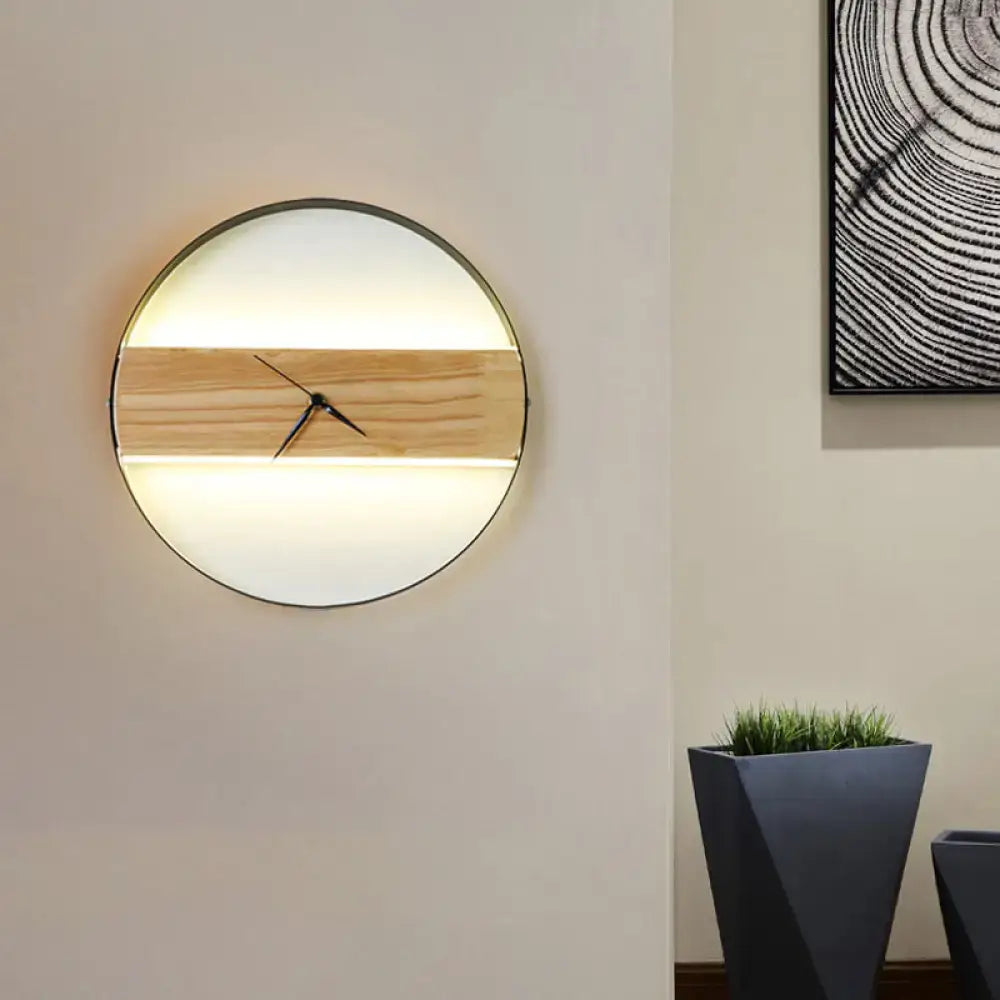 Beige Wooden LED Wall Clock by Decorbites with central wood stripe and ambient backlight on Tampa Home & Garden Store