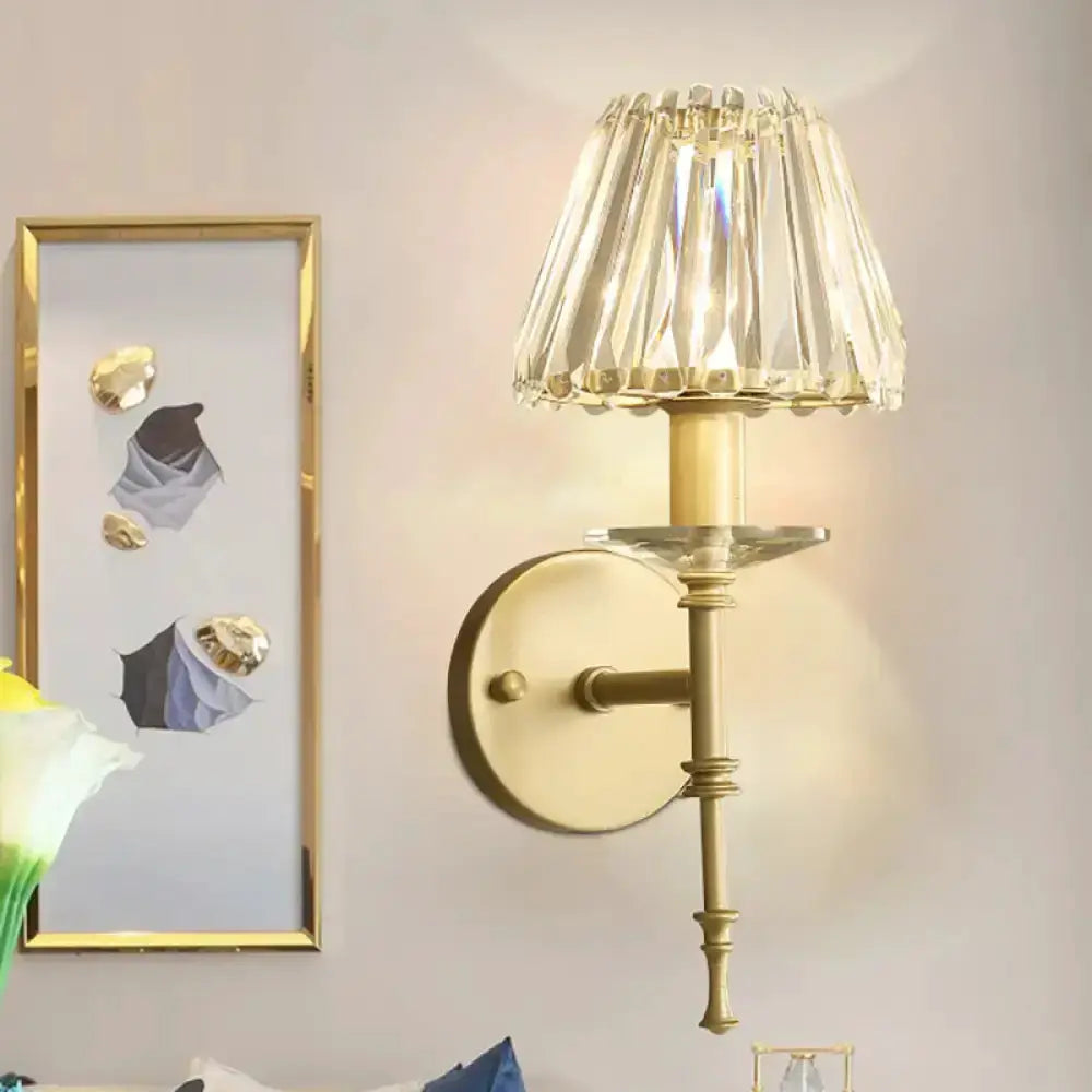 Modern gold crystal wall light sconce with brass finish, E12 fixture for living room on Tampa Home & Garden Store