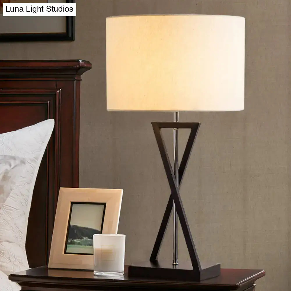 Decorbites Black Nightstand Drum Lamp with white drum shade and crisscross metal base on Tampa Home & Garden Store