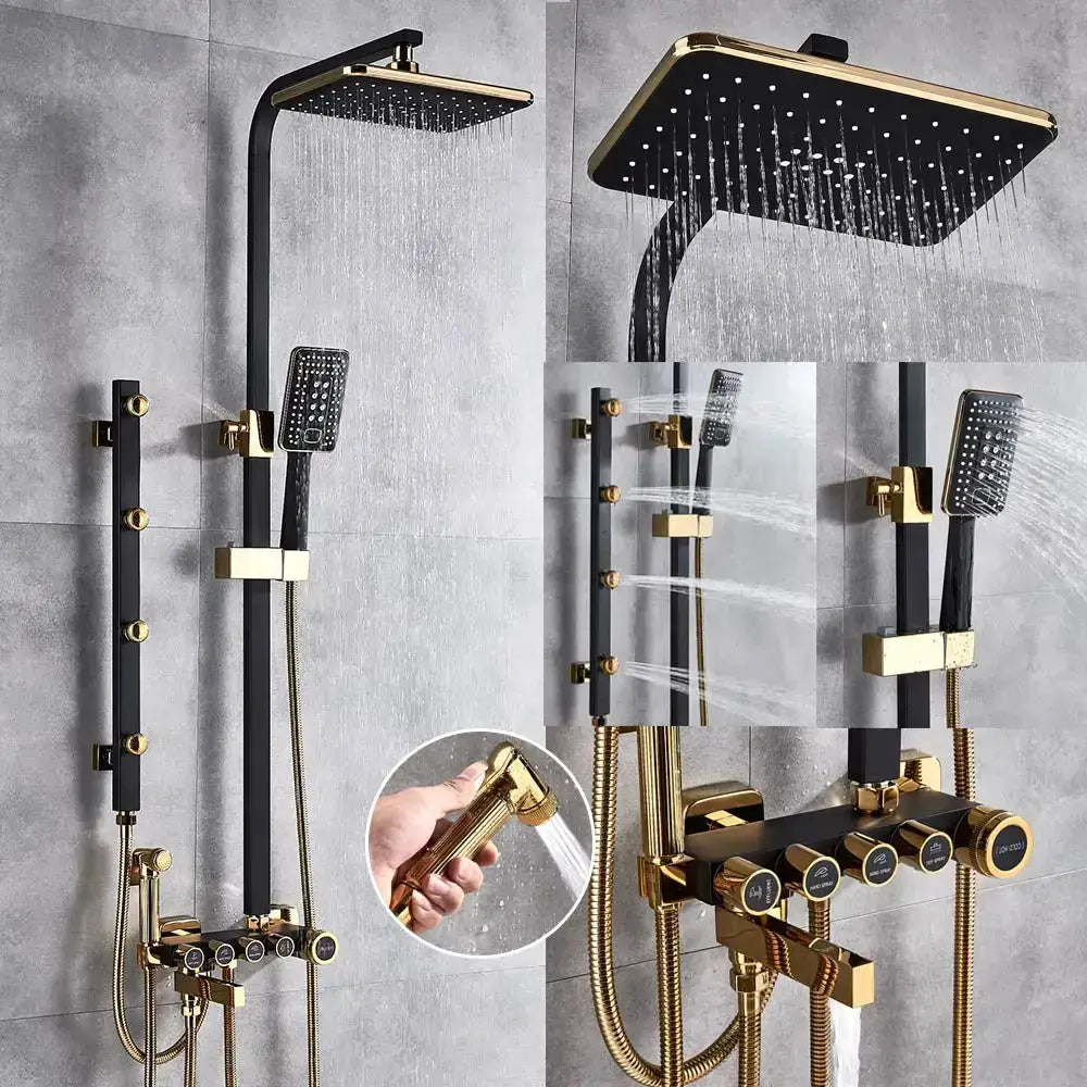 Modern Black and Gold Rain Shower Faucet Set