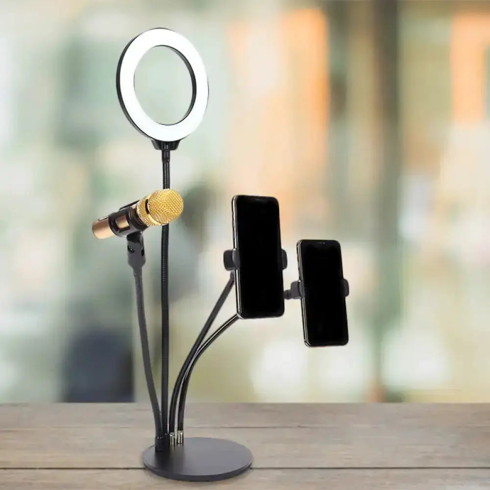 Modern black metal LED circle mirror with ring light stand mic and phone mounts on Tampa Home & Garden Store
