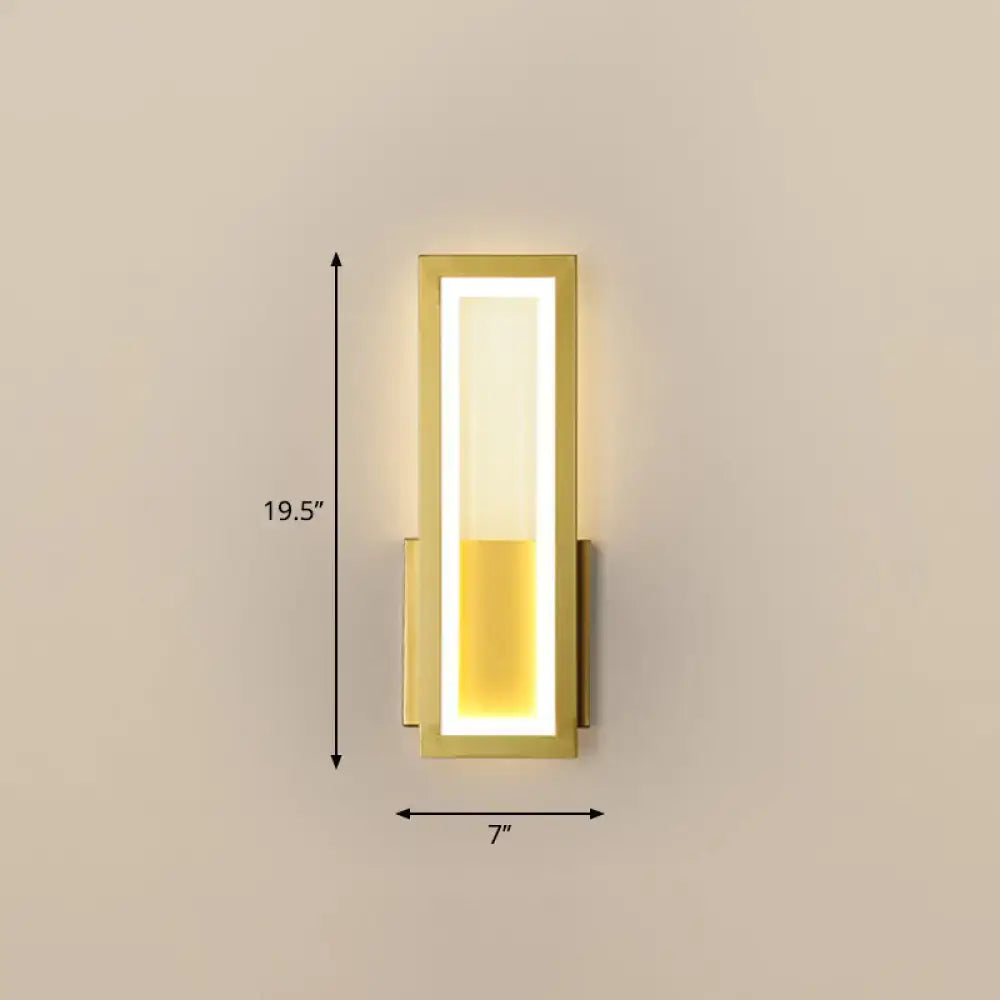 Decorbites gold brass rectangular LED wall sconce with inner glow, 19.5in tall by 7in wide on Tampa Home & Garden Store