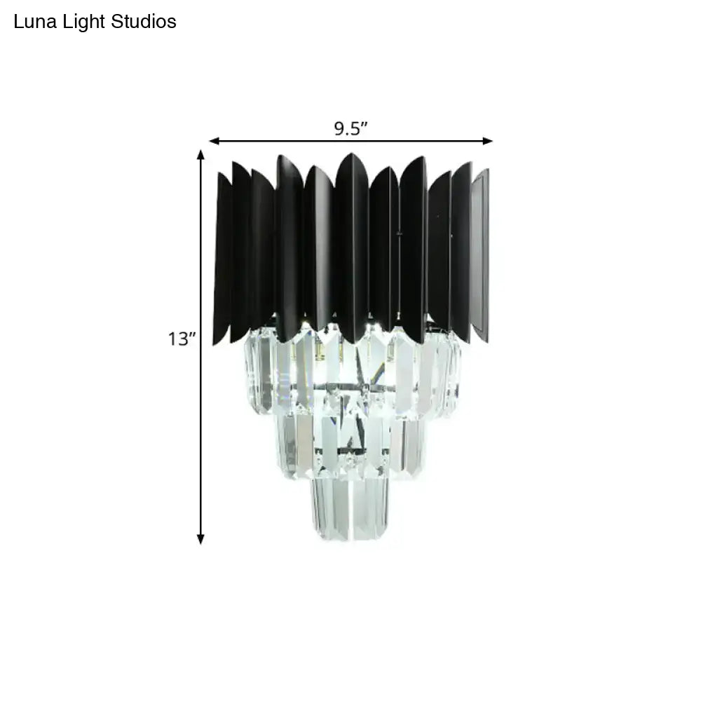 Black crystal prism wall sconce with black metal shade and hanging clear crystal prisms on Tampa Home & Garden Store