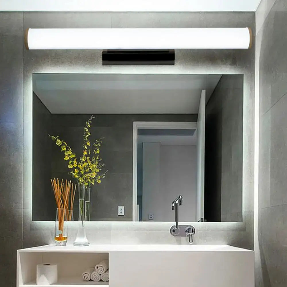 Modern black & white LED vanity mirror light sconce by Decorbites, over backlit bathroom mirror on Tampa Home & Garden Store