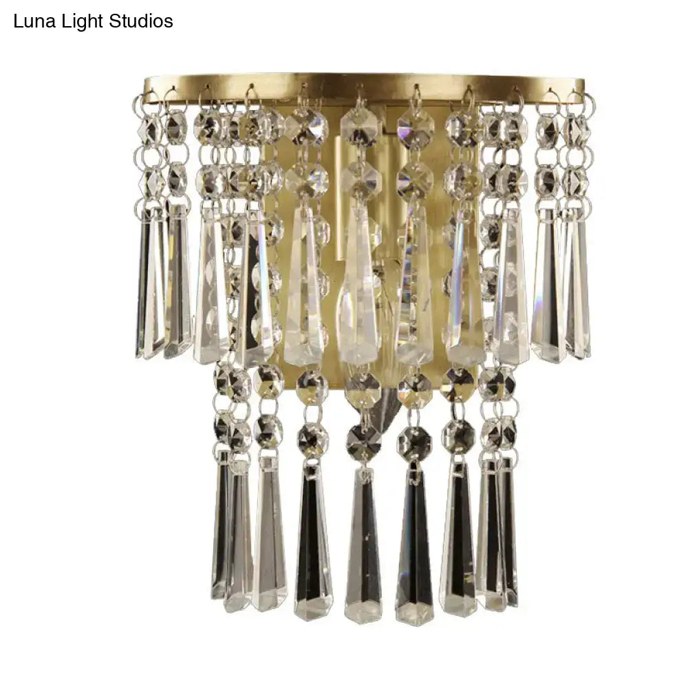 Brass crystal semi-round corridor sconce with dangling prism drops Decorbites on Tampa Home & Garden Store
