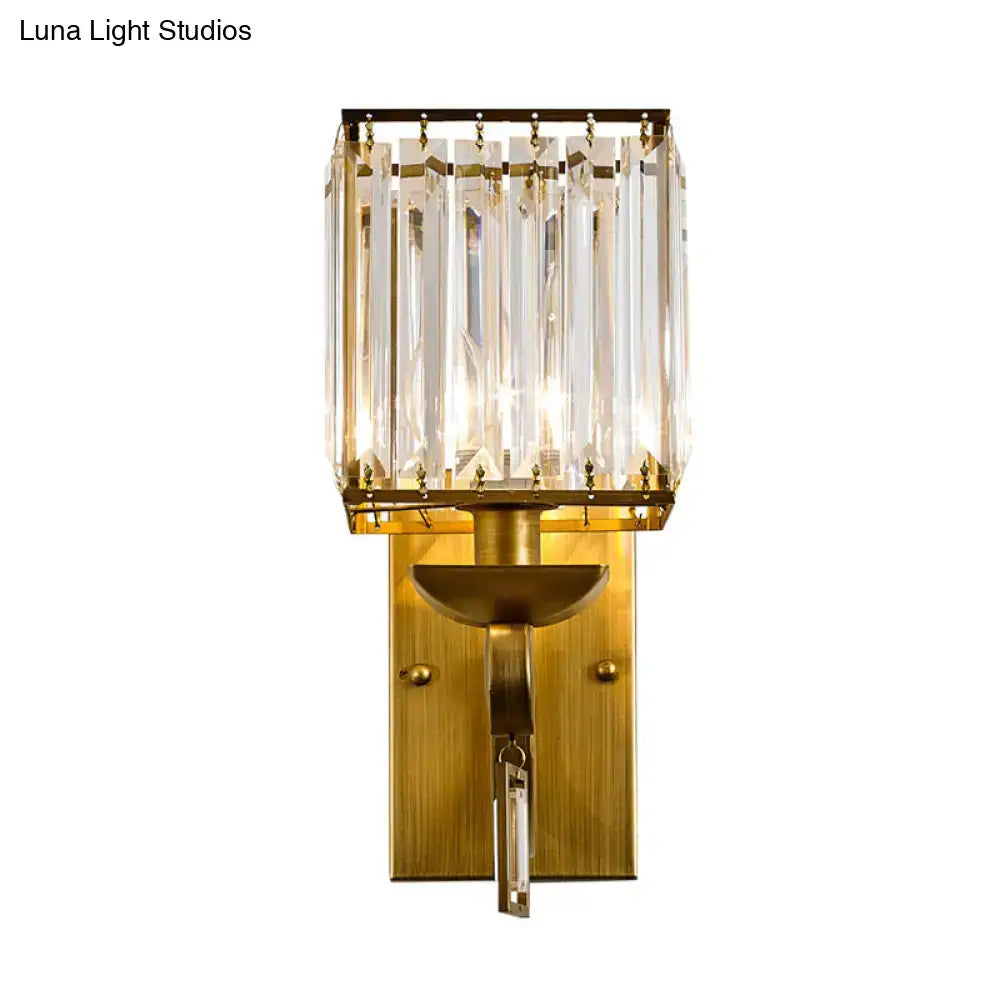 Brass crystal block light wall sconce with gold finish and tall glass prisms Decorbites on Tampa Home & Garden Store
