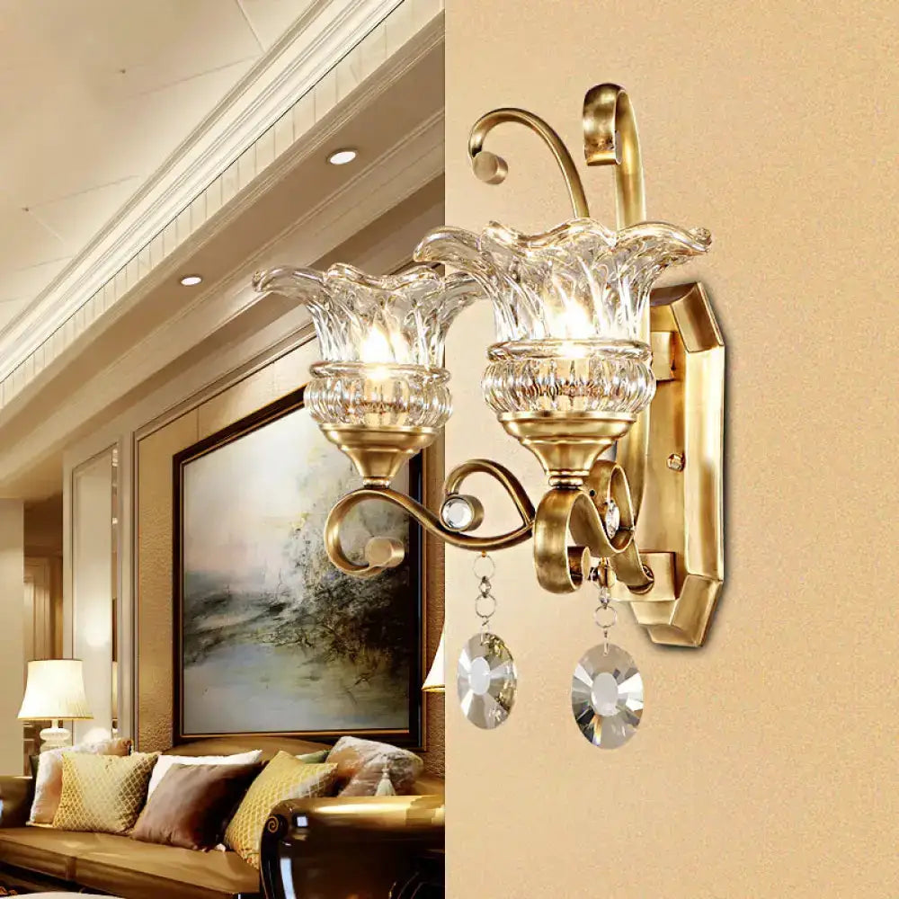 Brass Flower Sconce Wall Lamp with Crystal Accent