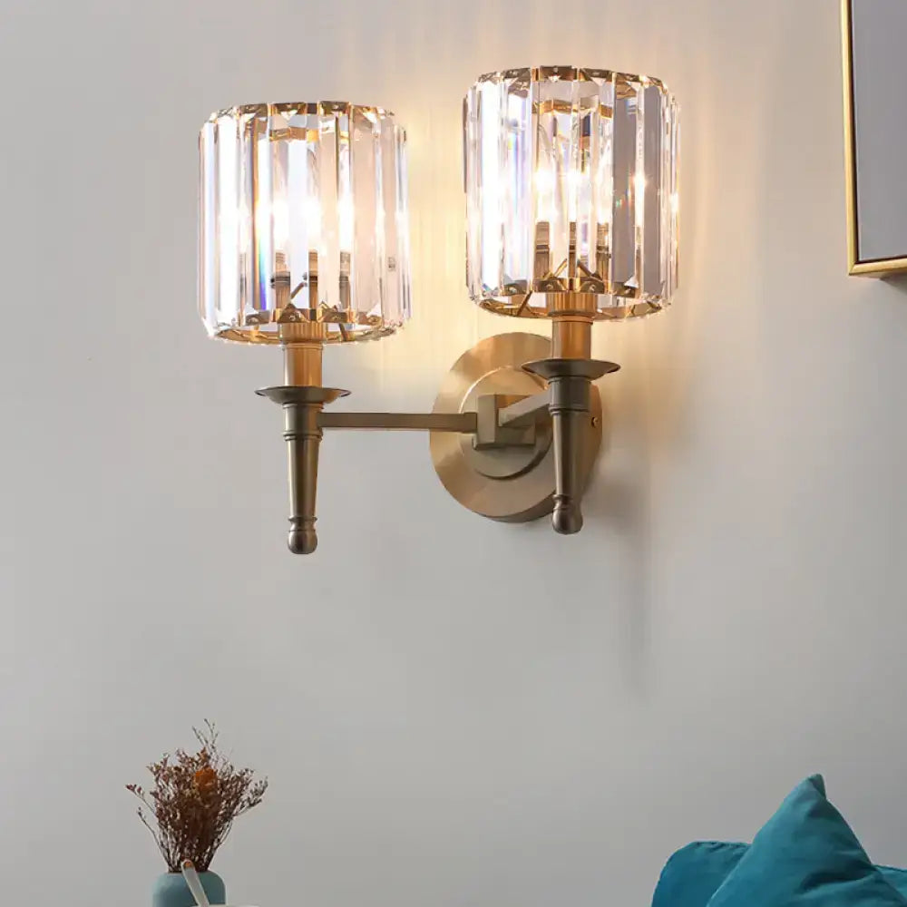 Brass crystal shade dual-light sconce by Decorbites, wall mount with two crystal shades on Tampa Home & Garden Store