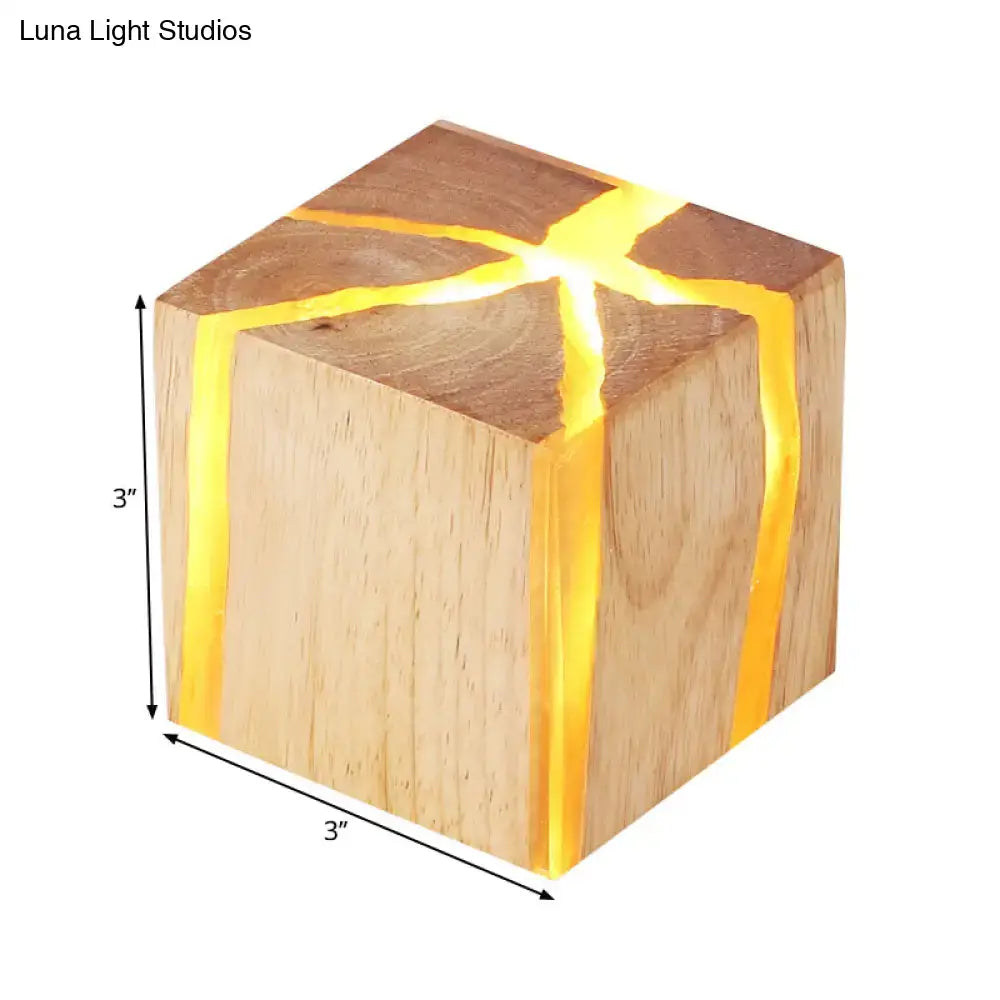Wooden cube wall light by Decorbites; natural wood with glowing golden cracks; 3in cube on Tampa Home & Garden Store