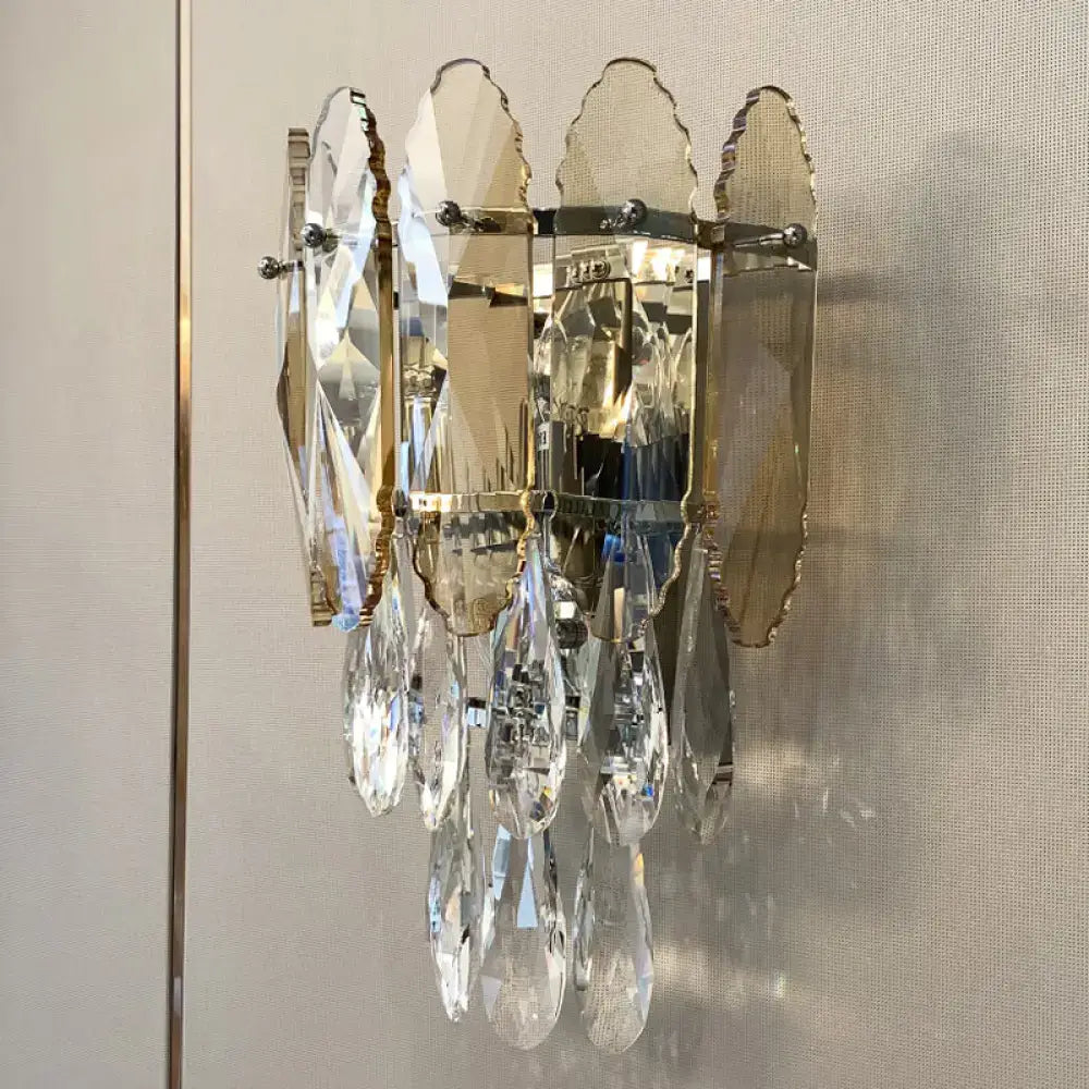 Champagne Crystal Smoke Gray Sconce Decorbites gold-tone frame with hanging crystal prisms on Tampa Home & Garden Store