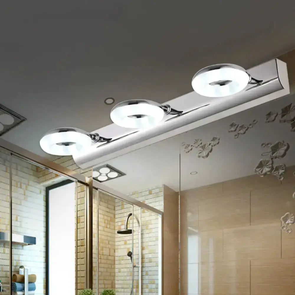 Two to Three Head Bathroom Wall Vanity Light with silver finish and acrylic ring shades on Tampa Home & Garden Store
