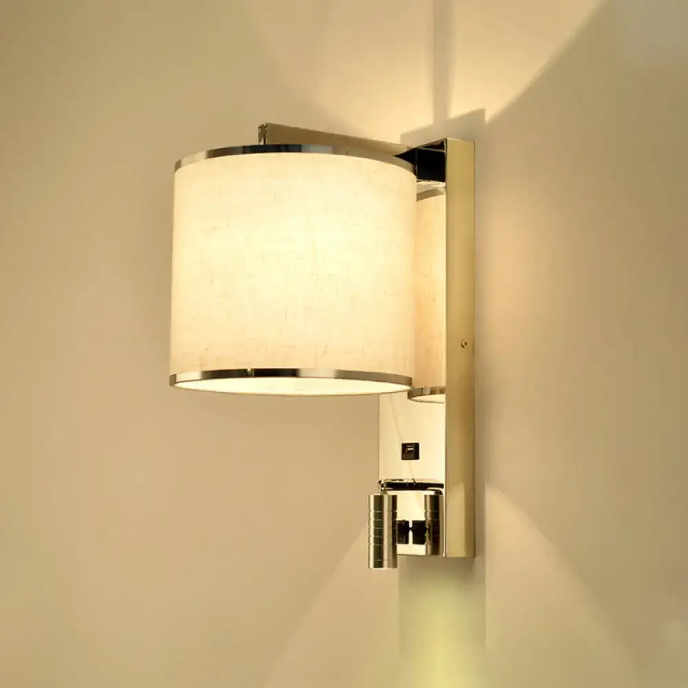 Chrome fabric drum wall sconce by Decorbites with beige shade and polished metal backplate on Tampa Home & Garden Store
