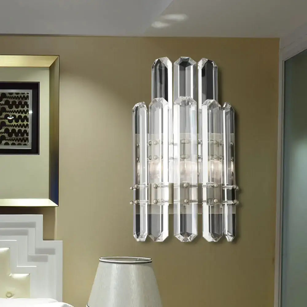 Crystal Chrome Wall Sconce with tall clear crystal prisms and metal bands Decorbites on Tampa Home & Garden Store