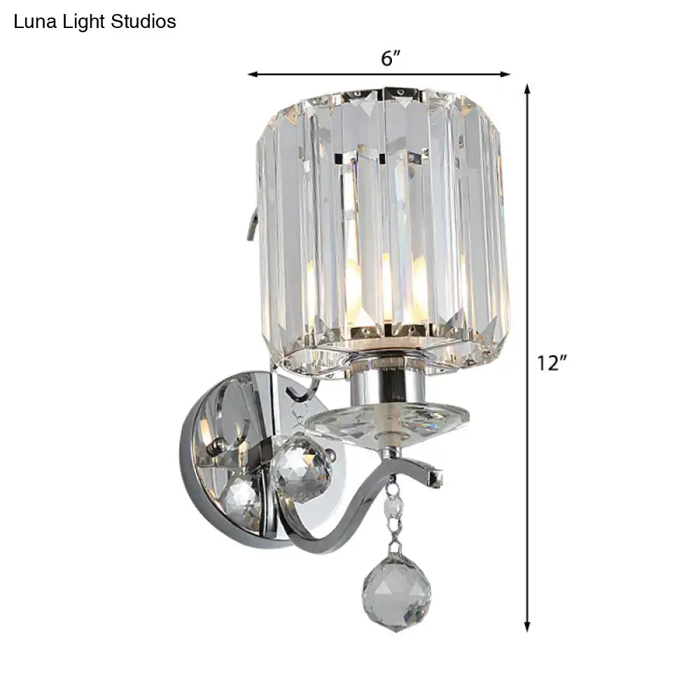 Chrome Crystal Cylinder Sconce with faceted shade, wall-mounted curved arm Decorbites on Tampa Home & Garden Store