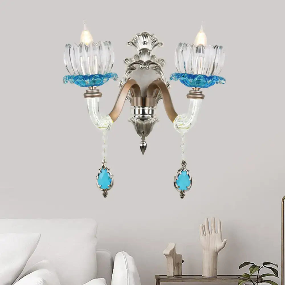Decorbites Chrome Glass Wall Light double-armed crystal sconce with blue glass accents on Tampa Home & Garden Store