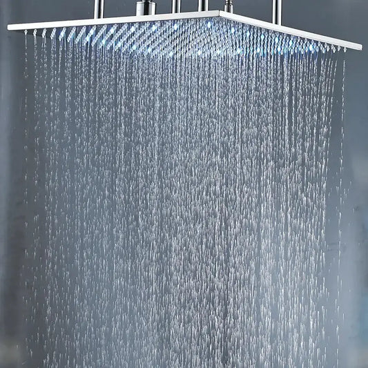 Modern chrome LED rain shower head with ceiling arm, square overhead design, Decorbites on Tampa Home & Garden Store