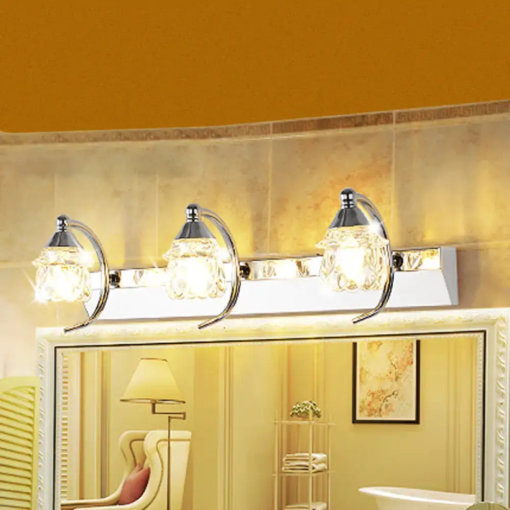 Chrome crystal vanity light three-light warm white by Decorbites fixture above mirror on Tampa Home & Garden Store
