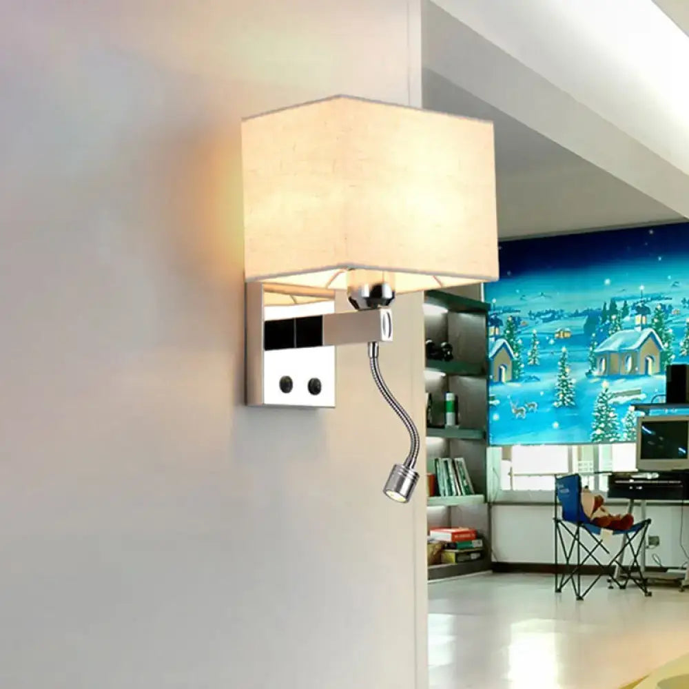 Decorbites chrome rectangle wall sconce with beige fabric shade and flexible reading light on Tampa Home & Garden Store