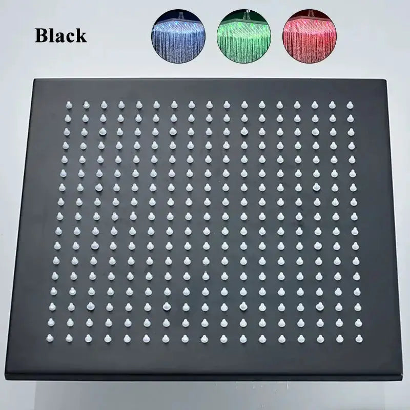 Decorbites black square LED rain shower head with multiple white nozzles on Tampa Home & Garden Store