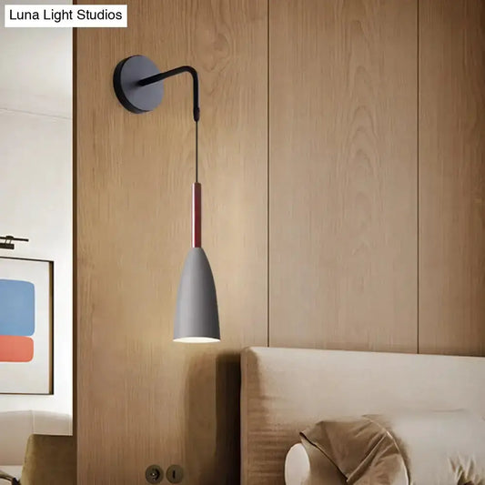 Modern conical black wall lamp with gray shade and red accent cord, bedroom single-bulb fixture on Tampa Home & Garden Store