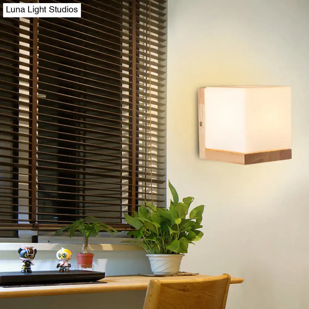 White Cube Wall Sconce by Decorbites with wood accent base, wall-mounted, warm glow on Tampa Home & Garden Store