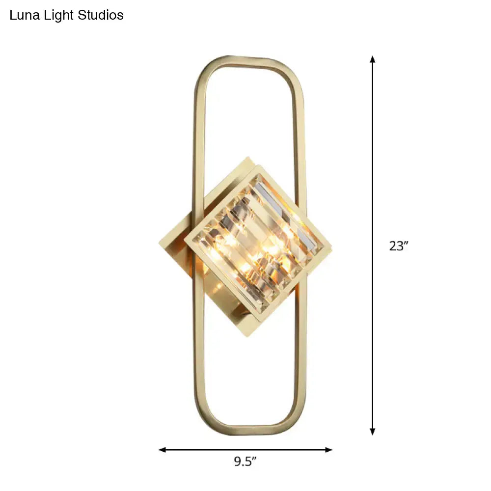 Gold crystal rectangular lamp with diamond centerpiece on a tall gold frame, 23in tall on Tampa Home & Garden Store