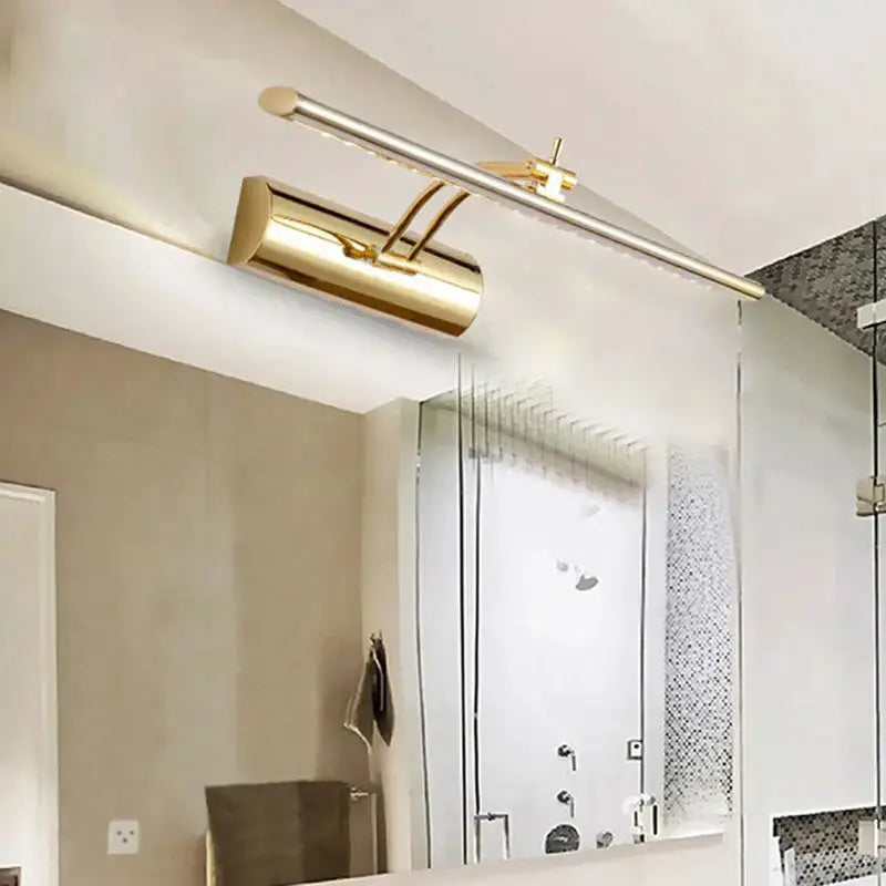 Decorbites gold metal LED bathroom vanity wall sconce with cylindrical mount and horizontal bar on Tampa Home & Garden Store