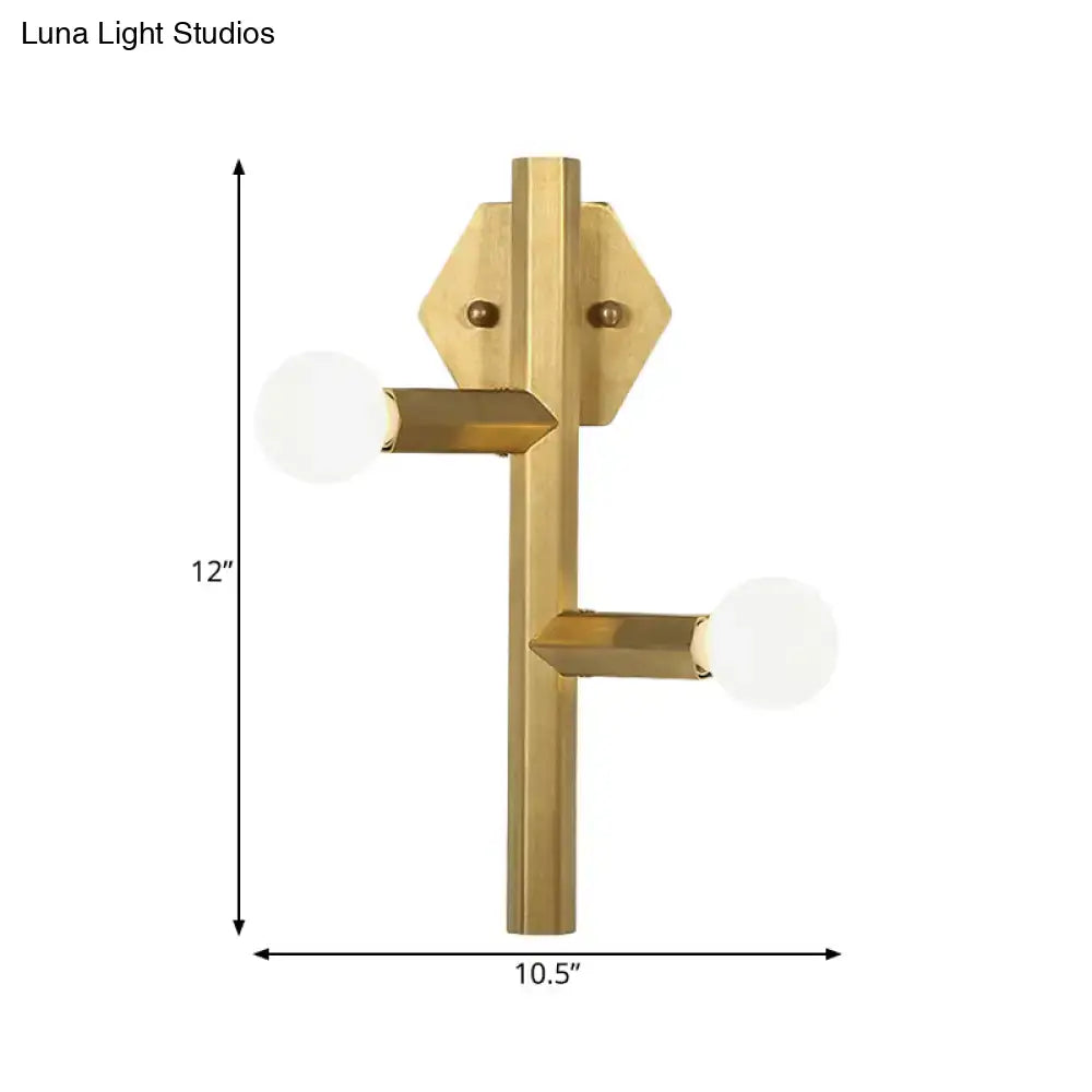 Gold vertical tube wall light sconce with two frosted globe bulbs in brass finish by Decorbites on Tampa Home & Garden Store